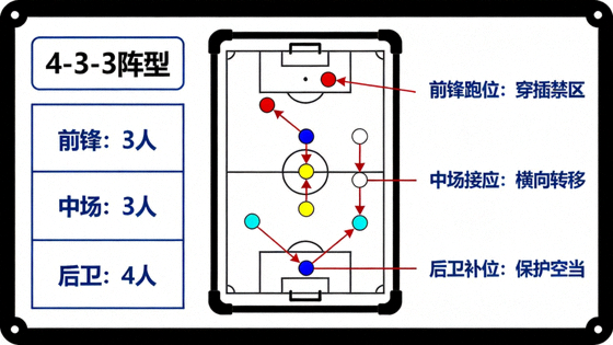 足球战术板布置阵型与球员跑位分析示意画面